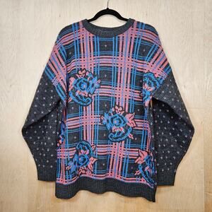 Gray/Blue/Pink Floral & Plaid Vintage Cabin Creek Crew Neck Sweater Size‎ XXL